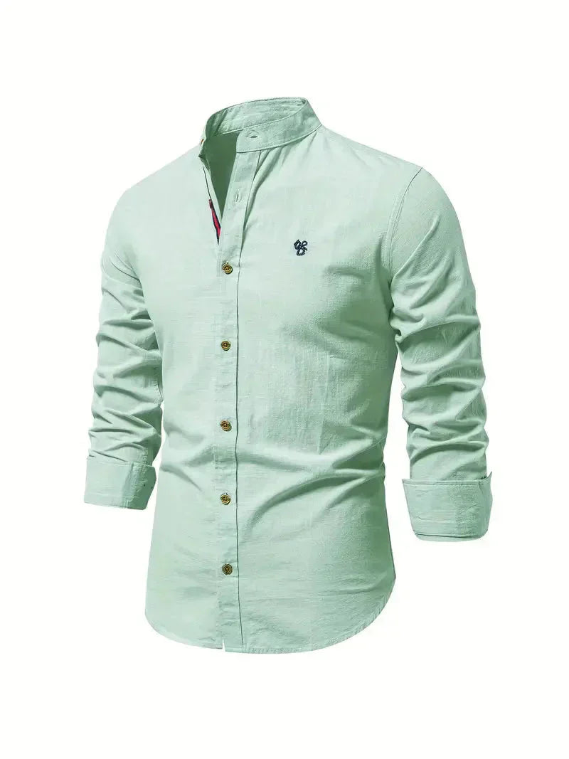Camicia Casual Homme in Mélange de Coton - Coupe Slim - Col Mandarin - Manches Longues per uno stile elegante e confortevole