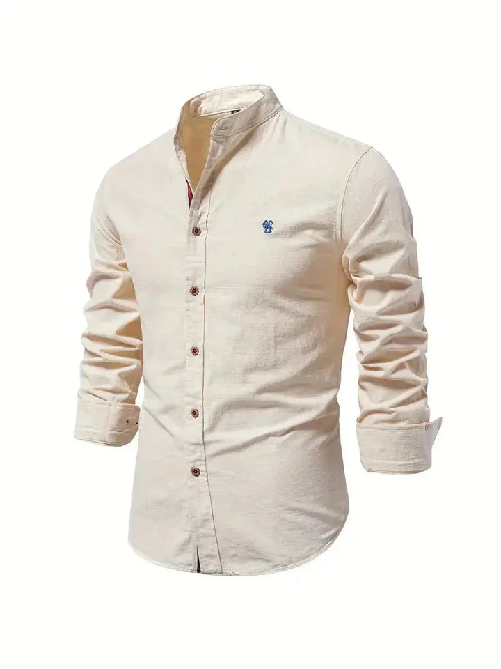 Camicia Casual Homme in Mélange de Coton - Coupe Slim - Col Mandarin - Manches Longues per uno stile elegante e confortevole