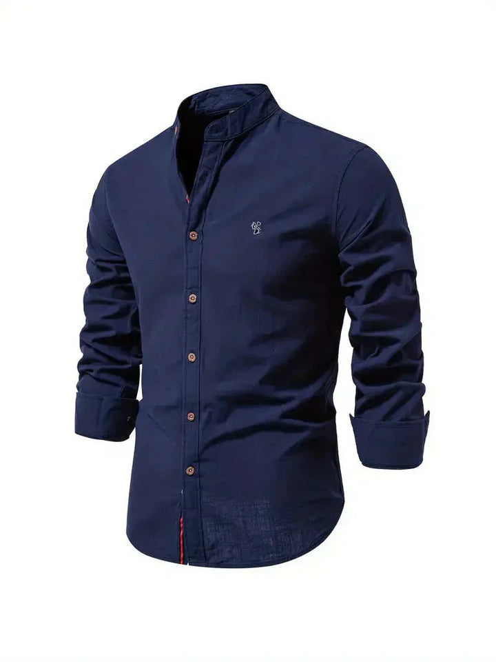 Camicia Casual Homme in Mélange de Coton - Coupe Slim - Col Mandarin - Manches Longues per uno stile elegante e confortevole