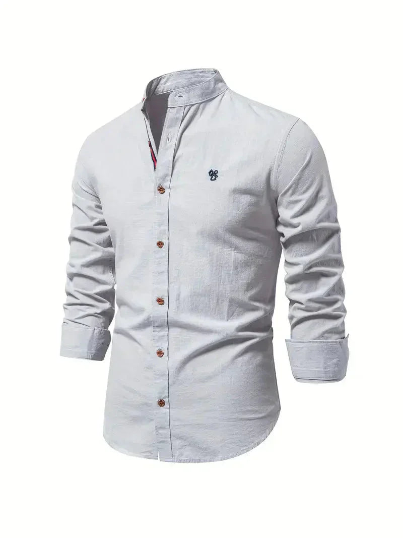Camicia Casual Homme in Mélange de Coton - Coupe Slim - Col Mandarin - Manches Longues per uno stile elegante e confortevole