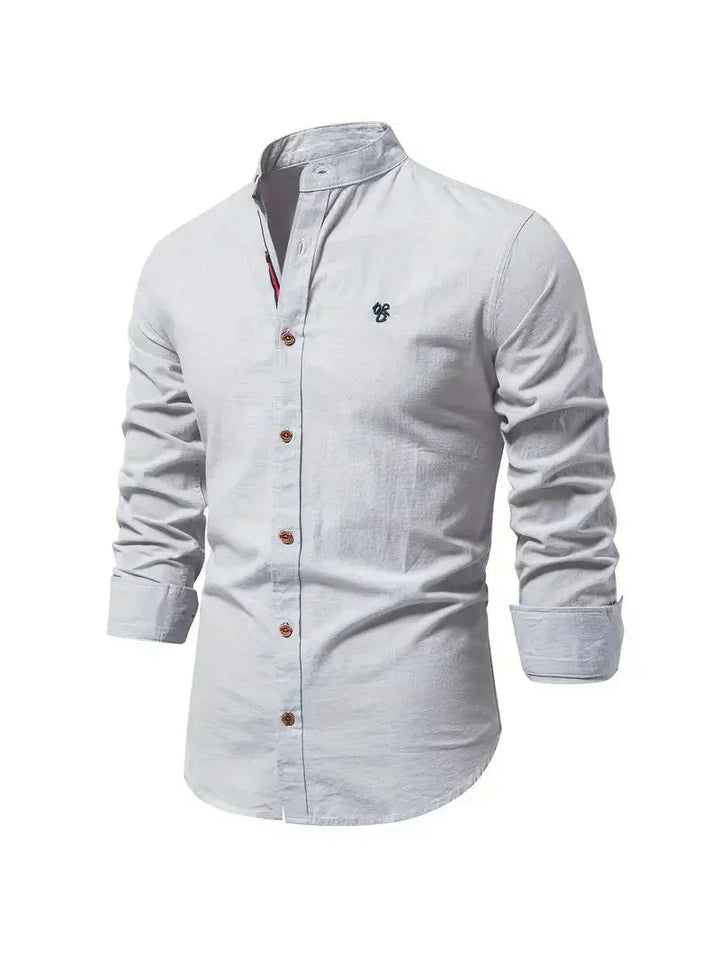 Camicia Casual Homme in Mélange de Coton - Coupe Slim - Col Mandarin - Manches Longues per uno stile elegante e confortevole