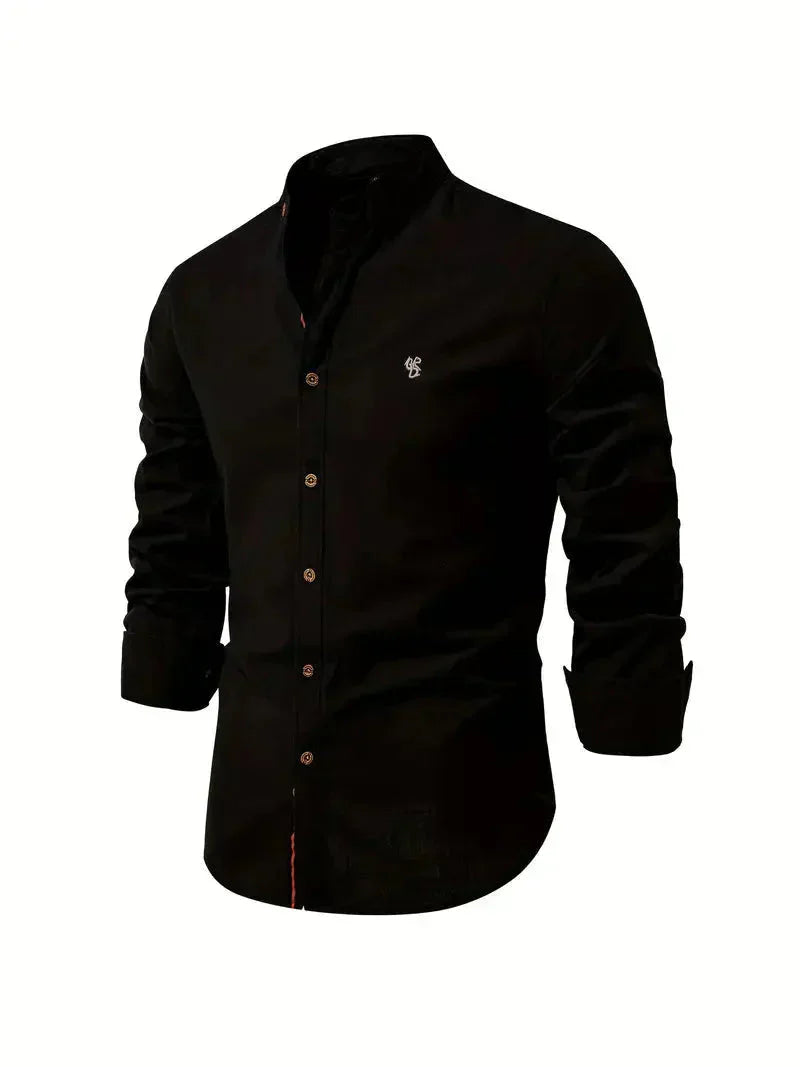 Camicia Casual Homme in Mélange de Coton - Coupe Slim - Col Mandarin - Manches Longues per uno stile elegante e confortevole