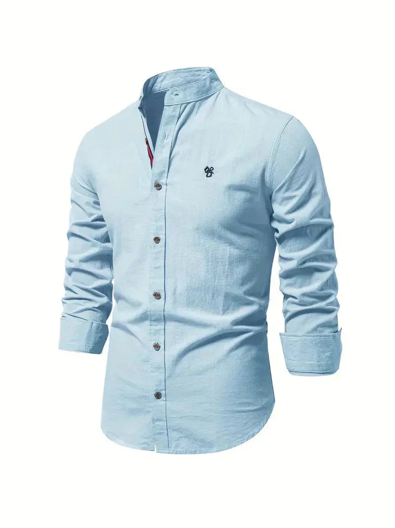 Camicia Casual Homme in Mélange de Coton - Coupe Slim - Col Mandarin - Manches Longues per uno stile elegante e confortevole
