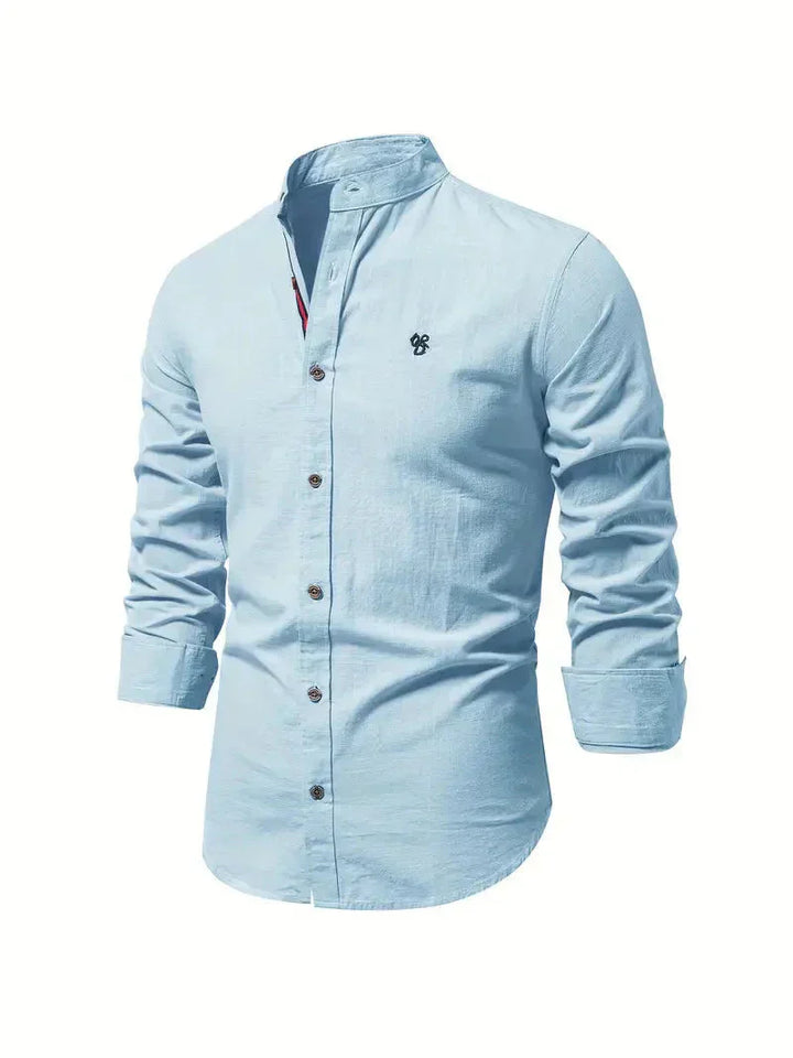 Camicia Casual Homme in Mélange de Coton - Coupe Slim - Col Mandarin - Manches Longues per uno stile elegante e confortevole
