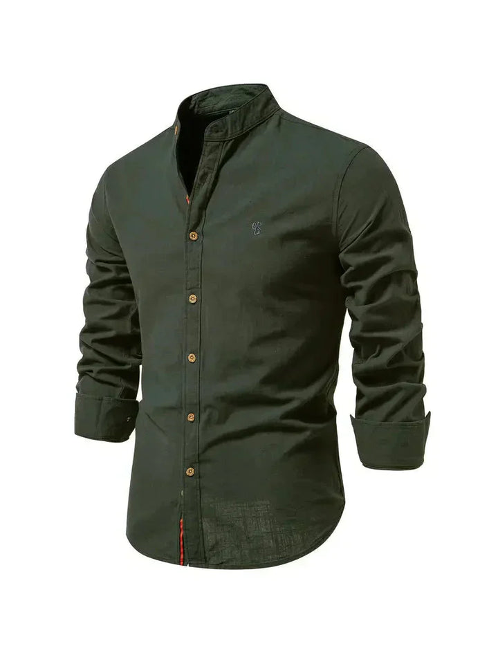 Camicia Casual Homme in Mélange de Coton - Coupe Slim - Col Mandarin - Manches Longues per uno stile elegante e confortevole
