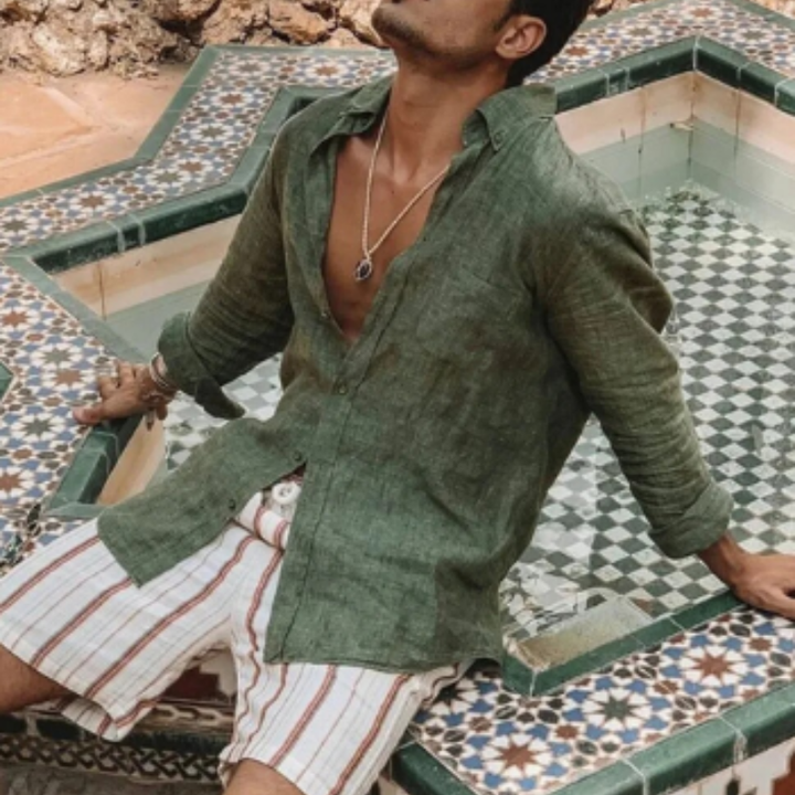 Camicia Uomo in Lino Confortevole a Maniche Lunghe, Colletto Alto, Abbigliamento Casual Naturale e Traspirante