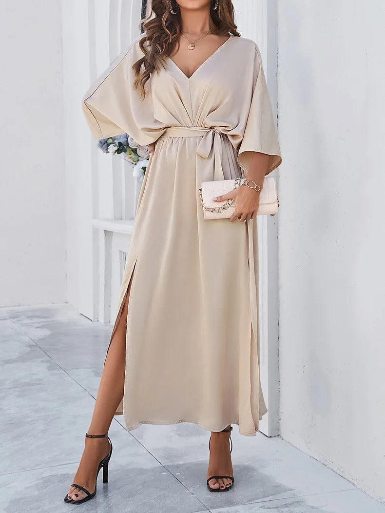Elegante abito midi con scollatura a punta per matrimoni e feste estive