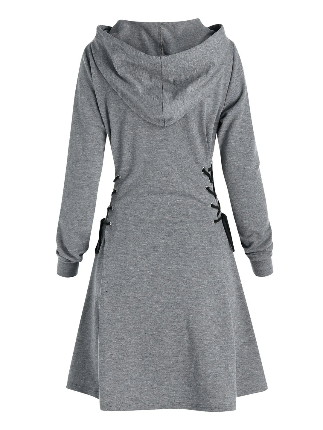 Elegante miniabito da donna con cappuccio dal taglio rilassato ad A con allacciatura laterale e maniche lunghe.