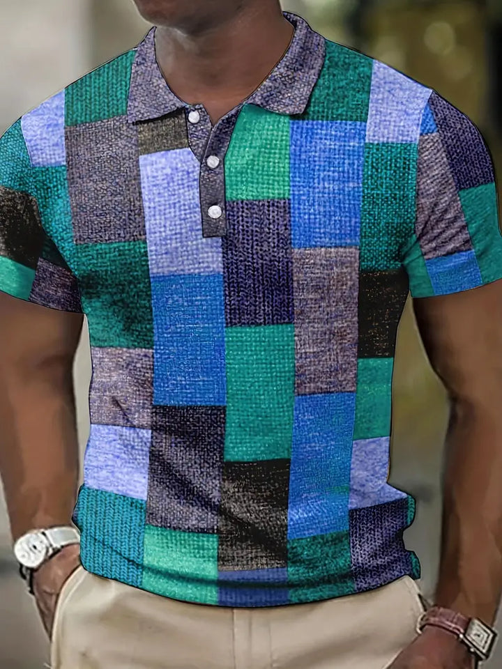 Polo elegante da uomo con un esclusivo motivo patchwork - manica corta e abbigliamento arioso per tutti i giorni
