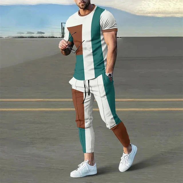 Ensemble da uomo: maglietta elegante a maniche lunghe e pantaloni di tendenza con cintura in un colore accattivante