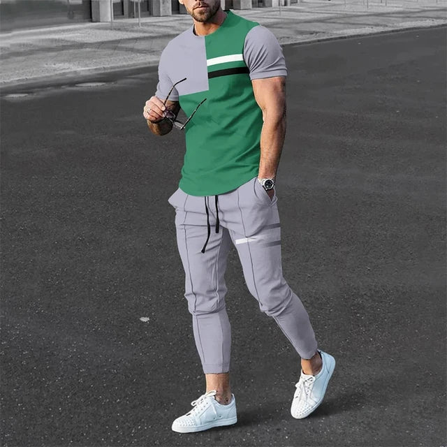 Ensemble da uomo: maglietta elegante a maniche lunghe e pantaloni di tendenza con cintura in un colore accattivante