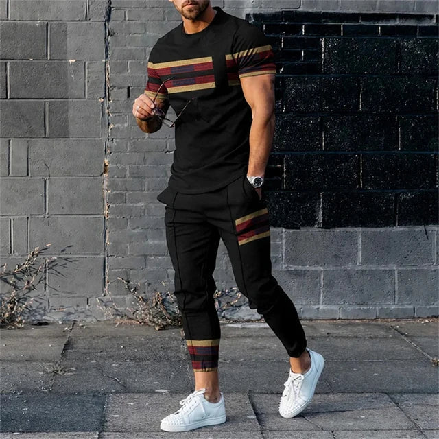 Ensemble da uomo: maglietta elegante a maniche lunghe e pantaloni di tendenza con cintura in un colore accattivante