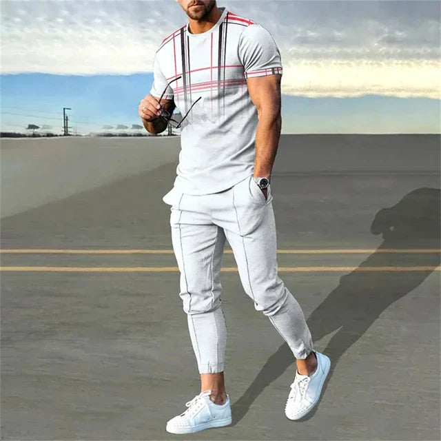 Ensemble da uomo: maglietta elegante a maniche lunghe e pantaloni di tendenza con cintura in un colore accattivante