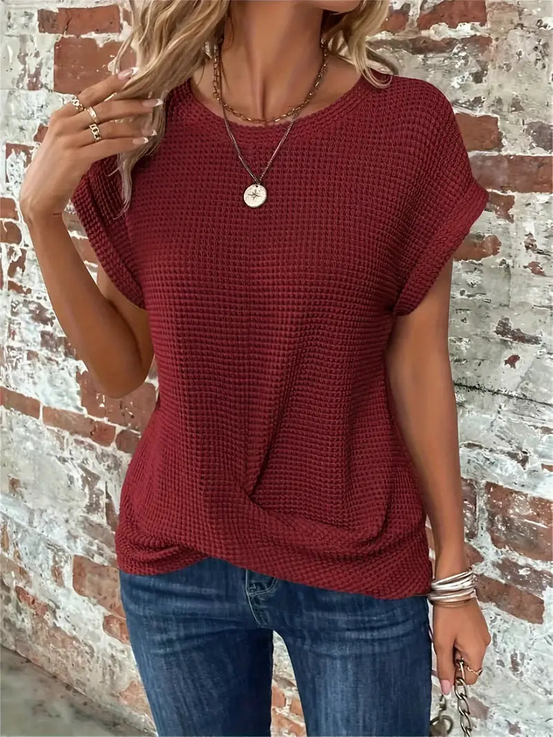 Top da donna in maglia con motivo waffle - vestibilità comoda e ampia, scollo rotondo e stile casual rilassato
