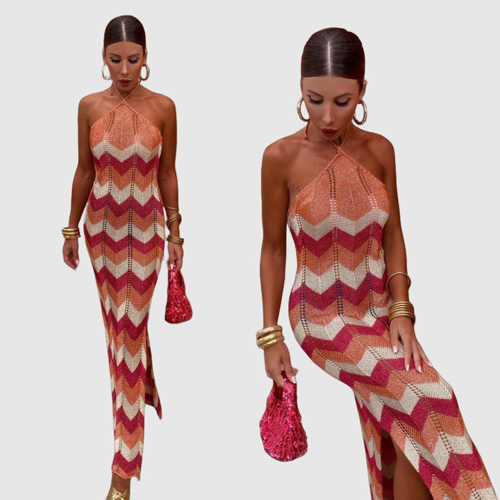 Maxi vestaglia da donna alla moda con mezzo dolcevita ed energico motivo a zig-zag - senza maniche, a vita alta per un look elegante