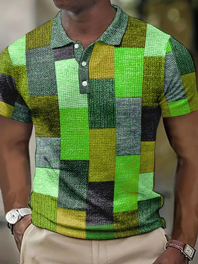 Polo elegante da uomo con un esclusivo motivo patchwork - manica corta e abbigliamento arioso per tutti i giorni
