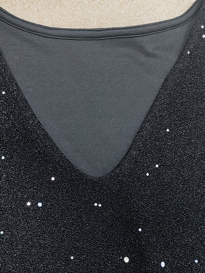 Mini abito da donna con scollatura a punta e maniche lunghe in paillettes scintillanti - perfetto per eventi bodycon