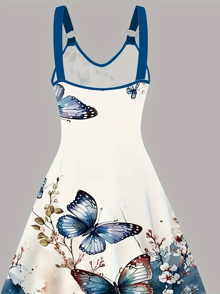 Elegante vestaglia da donna senza maniche, con una suggestiva stampa papillon e un elegante scollo a V con scollatura a punta