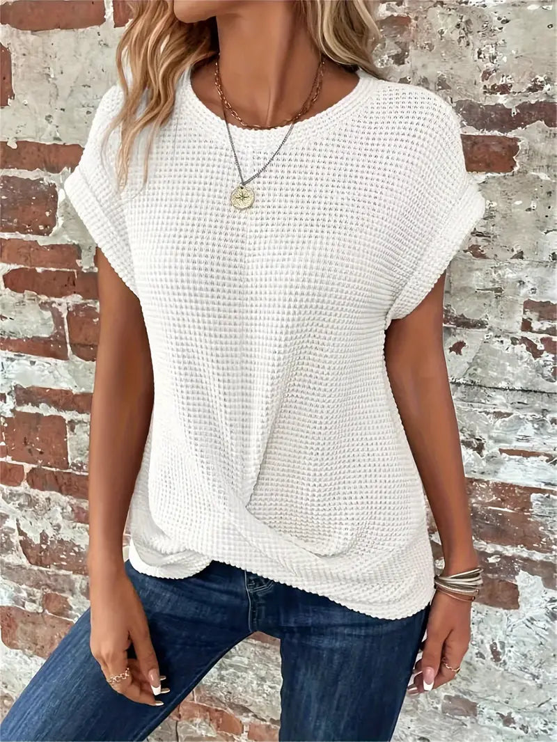 Top da donna in maglia con motivo waffle - vestibilità comoda e ampia, scollo rotondo e stile casual rilassato
