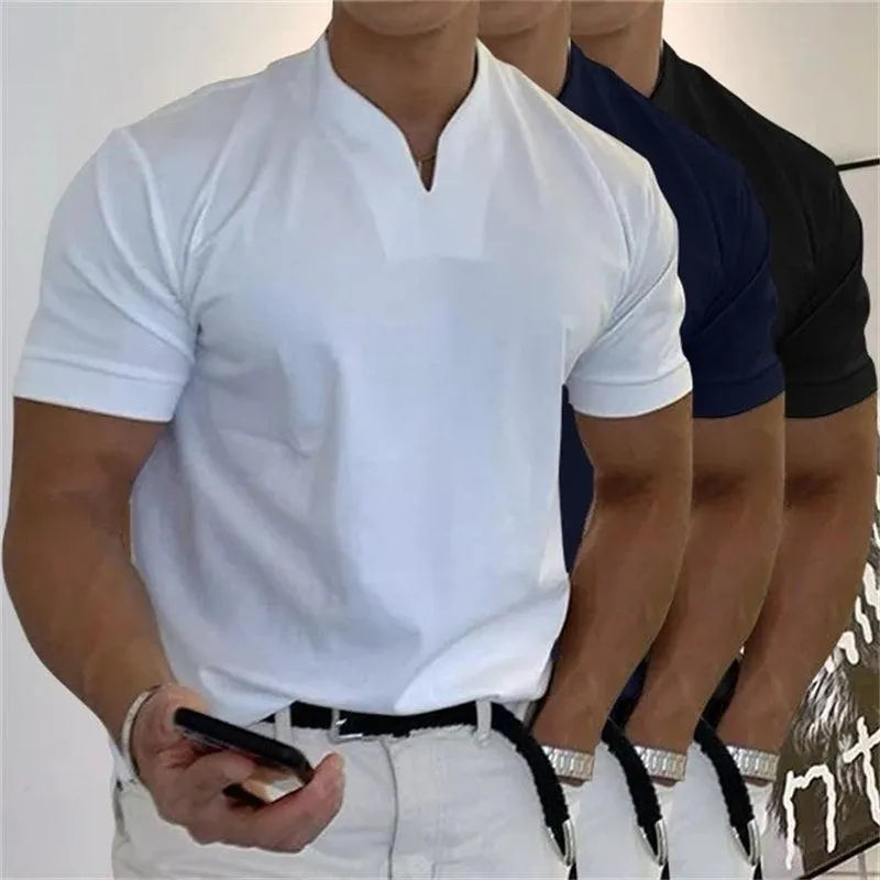 Elegante t-shirt da uomo con scollo a punta ed eleganti polsini laterali - vestibilità slim ideale per lo stile quotidiano e casual