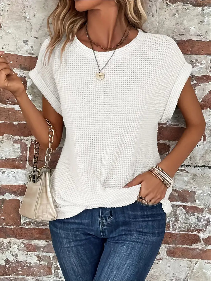 Top da donna in maglia con motivo waffle - vestibilità comoda e ampia, scollo rotondo e stile casual rilassato