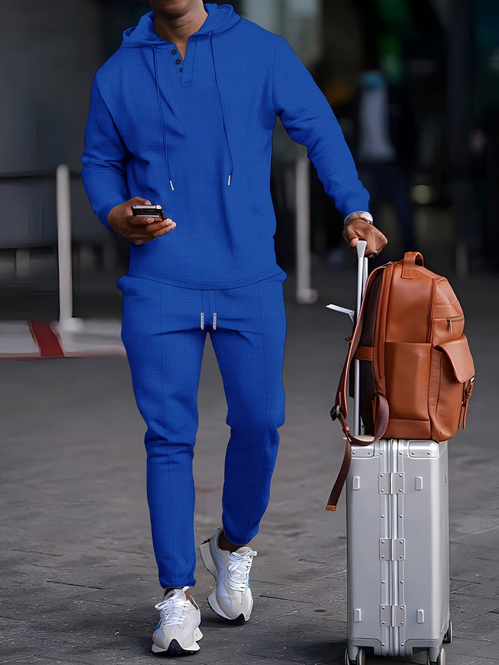 Set tuta da uomo con comoda felpa con cappuccio con colletto abbottonato e pratiche tasche - moderne scarpe da corsa con cordino per un comfort totale