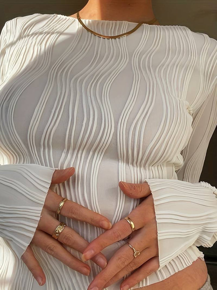Elegante felpa regolabile da donna con un sorprendente motivo a texture 3D, collo alto e polsini lunghi elasticizzati