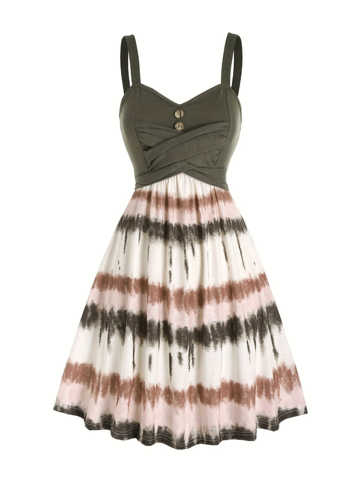 Elegante e comoda vestaglia da donna con motivo tie-dye alla moda, elegante scollatura a V e finti bottoni di gusto.