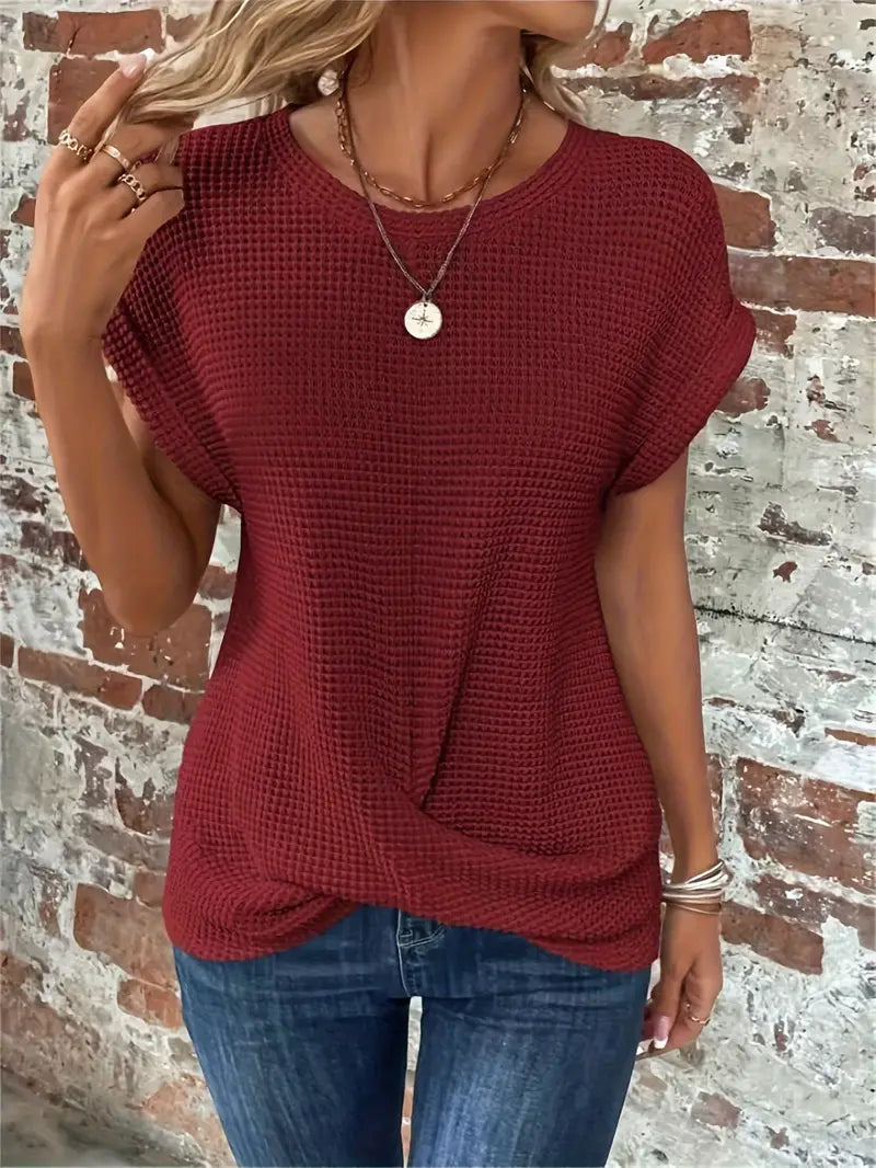 Top da donna in maglia con motivo waffle - vestibilità comoda e ampia, scollo rotondo e stile casual rilassato