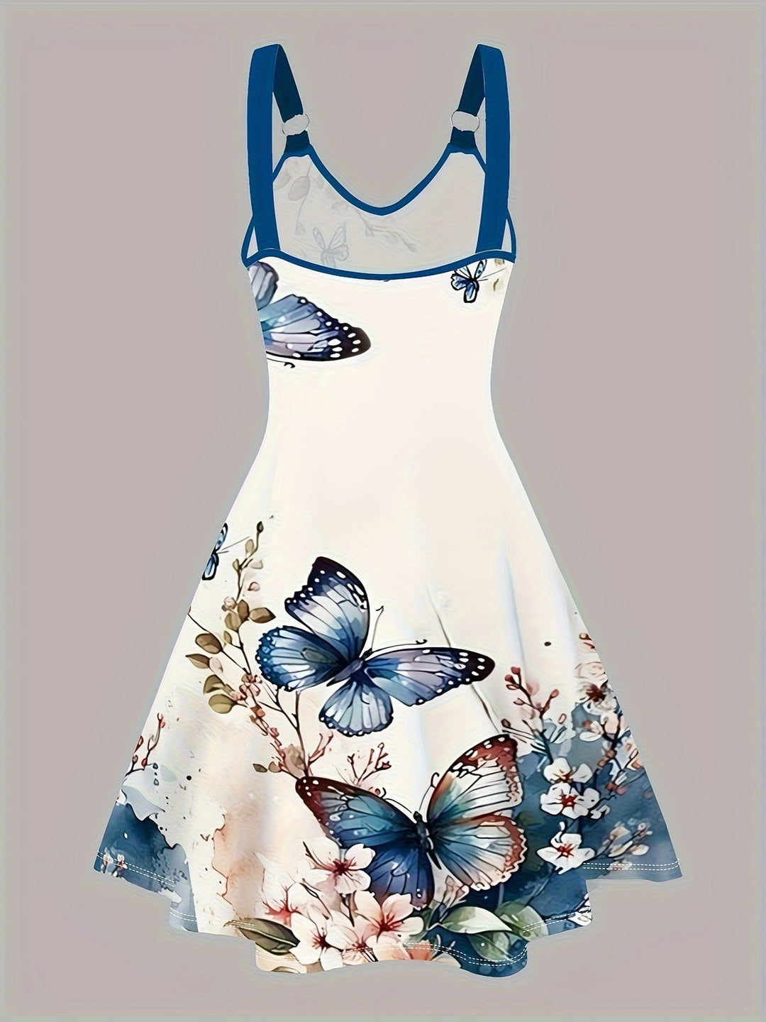 Elegante vestaglia da donna senza maniche, con una suggestiva stampa papillon e un elegante scollo a V con scollatura a punta