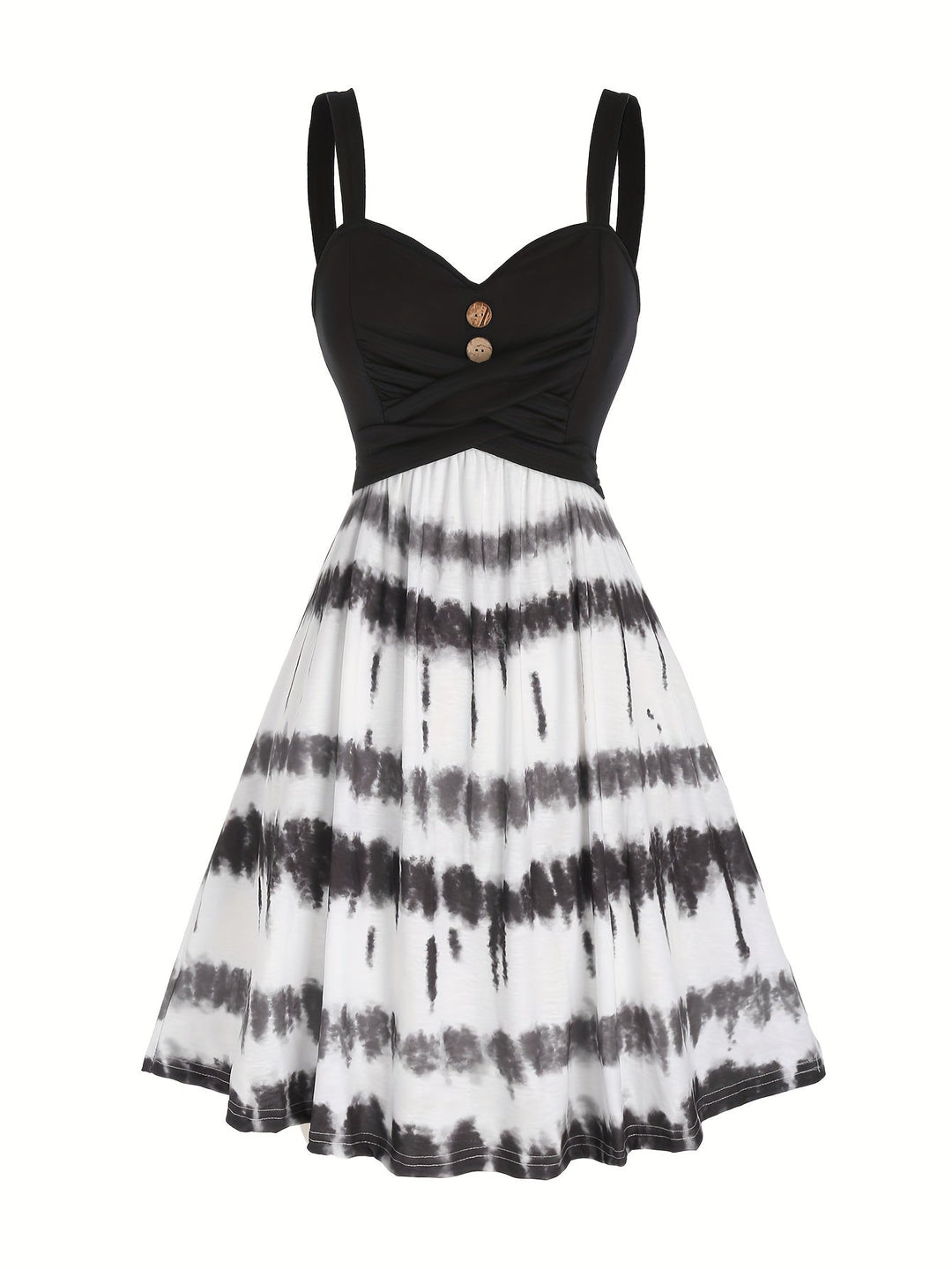 Elegante e comoda vestaglia da donna con motivo tie-dye alla moda, elegante scollatura a V e finti bottoni di gusto.
