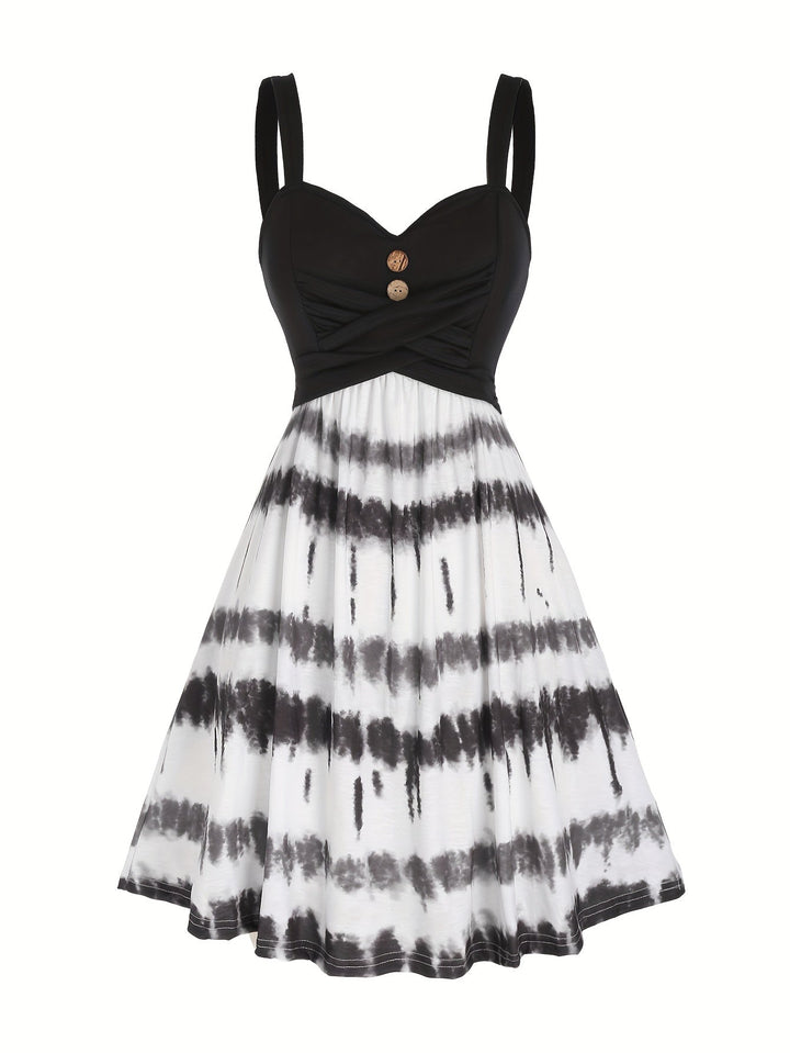 Elegante e comoda vestaglia da donna con motivo tie-dye alla moda, elegante scollatura a V e finti bottoni di gusto.