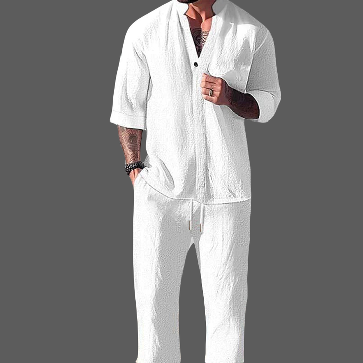 Set uomo Lounge Numérique in lino cotone melange - Elegante collo lungo a punta e comodi pantaloni in velluto a coste
