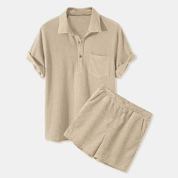 Set camicia e pantaloncini da uomo in morbido velluto - Maniche corte, Bottoni, Bordi elastici - Comodo abbigliamento casual