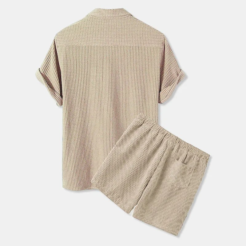 Set camicia e pantaloncini da uomo in morbido velluto - Maniche corte, Bottoni, Bordi elastici - Comodo abbigliamento casual