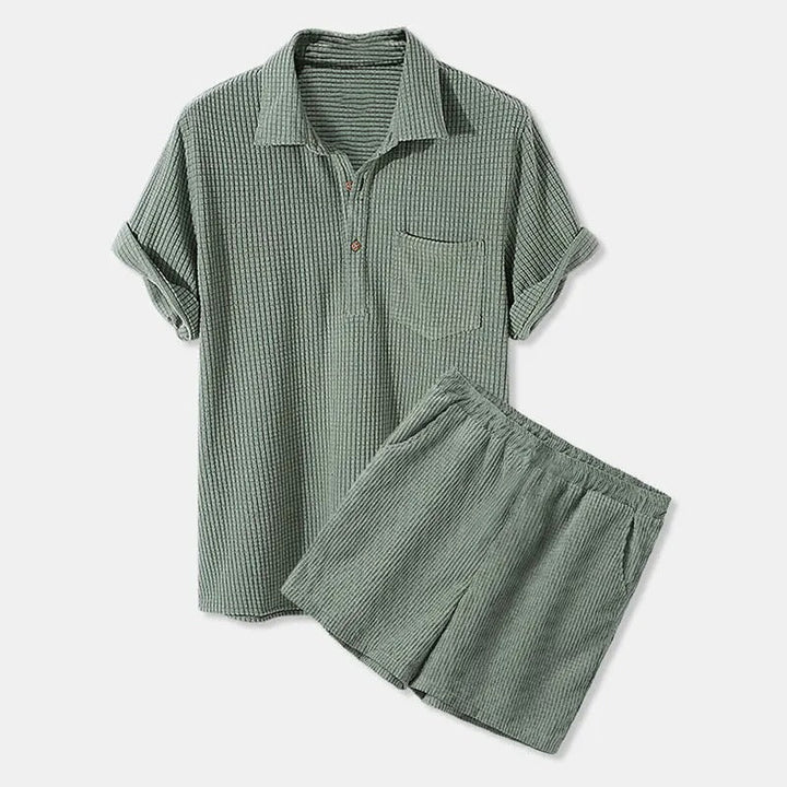 Set camicia e pantaloncini da uomo in morbido velluto - Maniche corte, Bottoni, Bordi elastici - Comodo abbigliamento casual