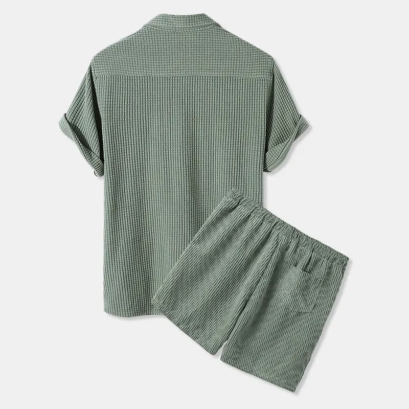 Set camicia e pantaloncini da uomo in morbido velluto - Maniche corte, Bottoni, Bordi elastici - Comodo abbigliamento casual