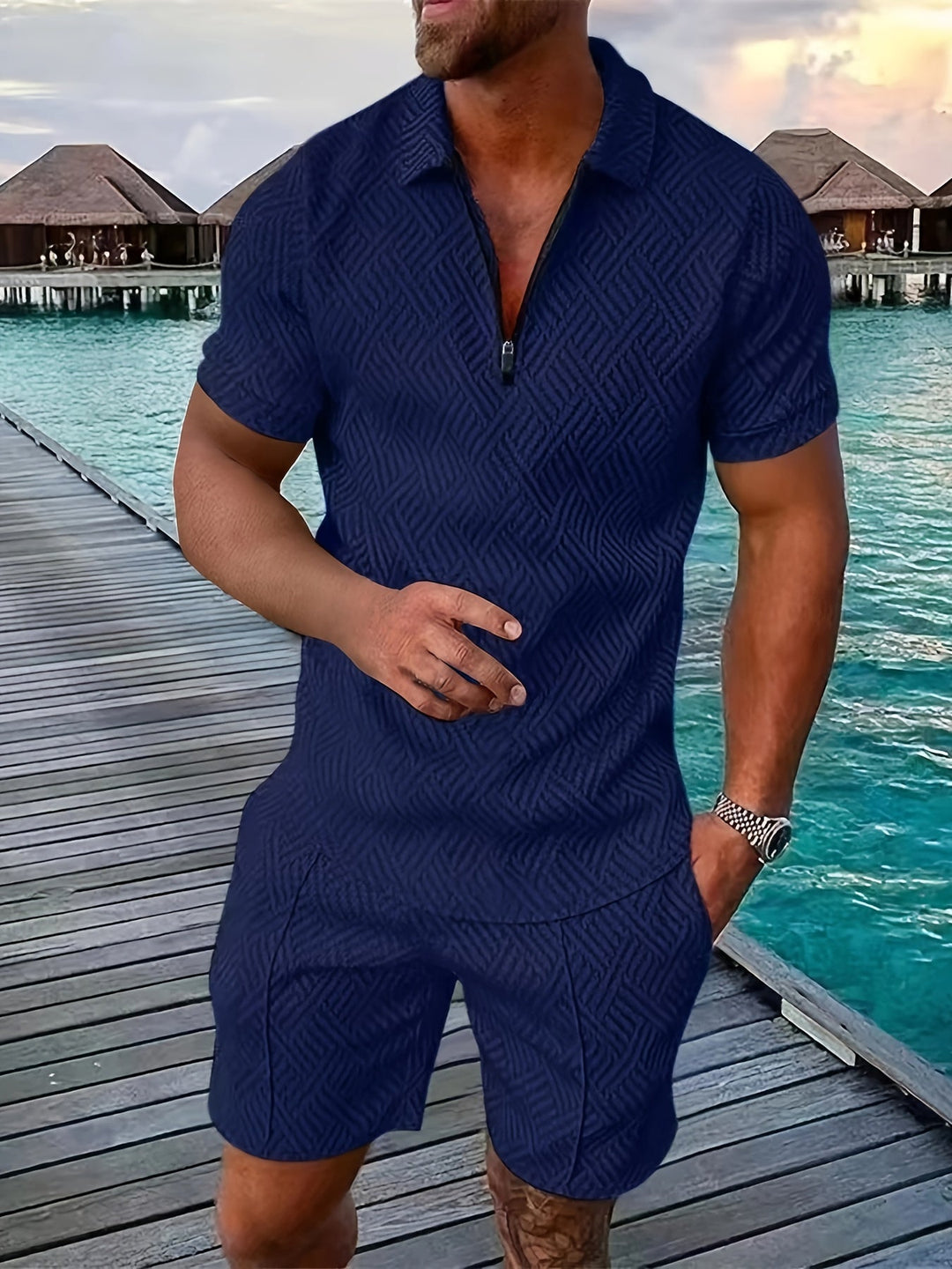 Elegante set da uomo con frangia a quadri e pratica chiusura a zip