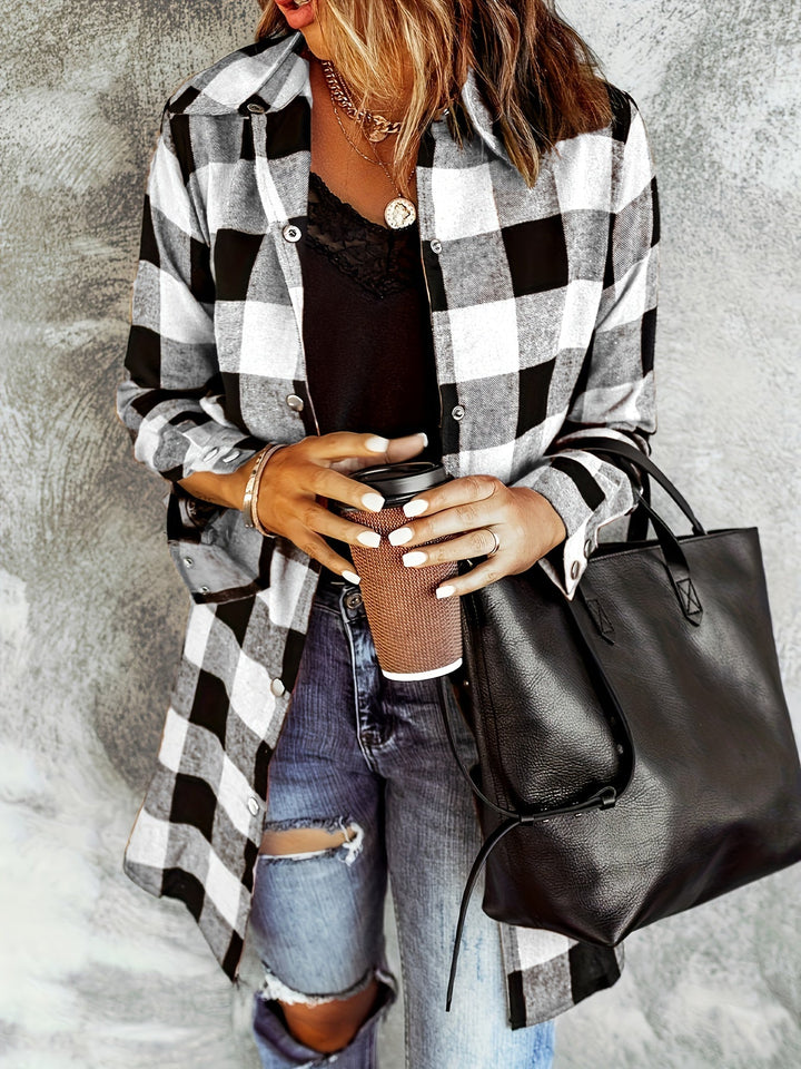 Elegante camicia a quadri da donna a maniche lunghe con bottoni - vestibilità ampia e confortevole in tessuto morbido