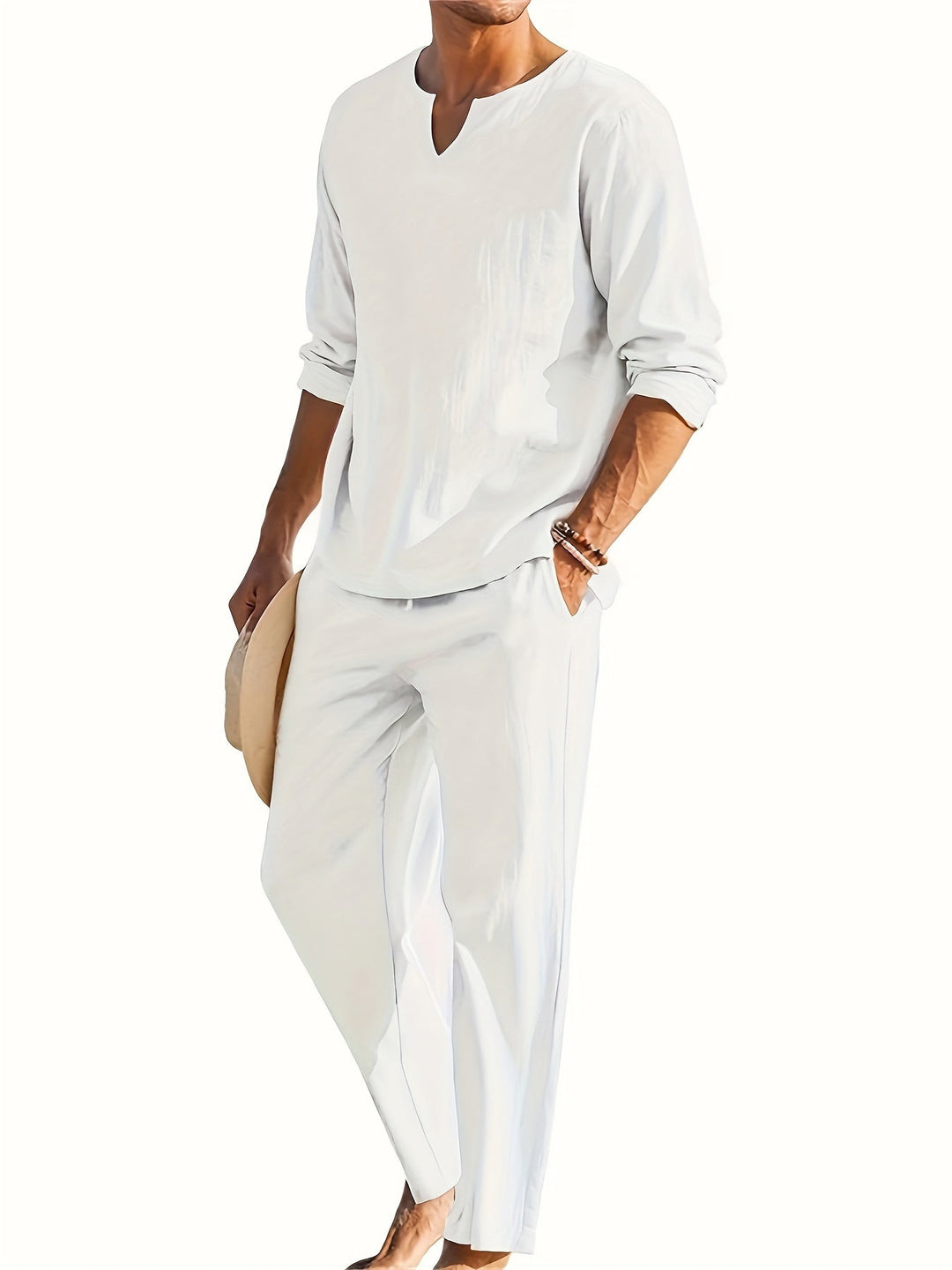 Elegante set da uomo con scollo a punta, polsini lunghi e comodi pantaloni larghi