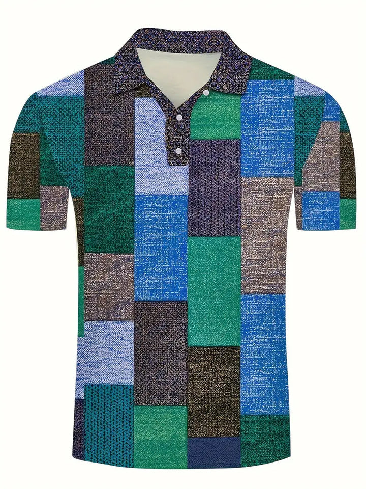 Polo elegante da uomo con un esclusivo motivo patchwork - manica corta e abbigliamento arioso per tutti i giorni