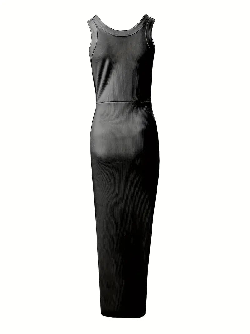 Elegante abito bodycon da donna senza maniche in raso con elegante scollatura e sorprendente spacco alto