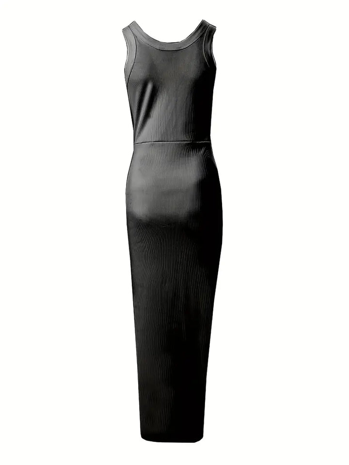 Elegante abito bodycon da donna senza maniche in raso con elegante scollatura e sorprendente spacco alto