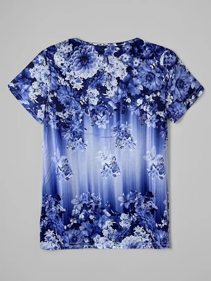 Camicetta da donna elegante con motivo floreale, scollatura a V regolabile, polsini affusolati e supporto per il comfort