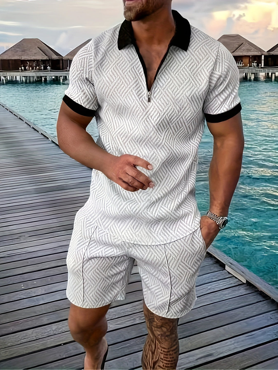 Elegante set da uomo con frangia a quadri e pratica chiusura a zip