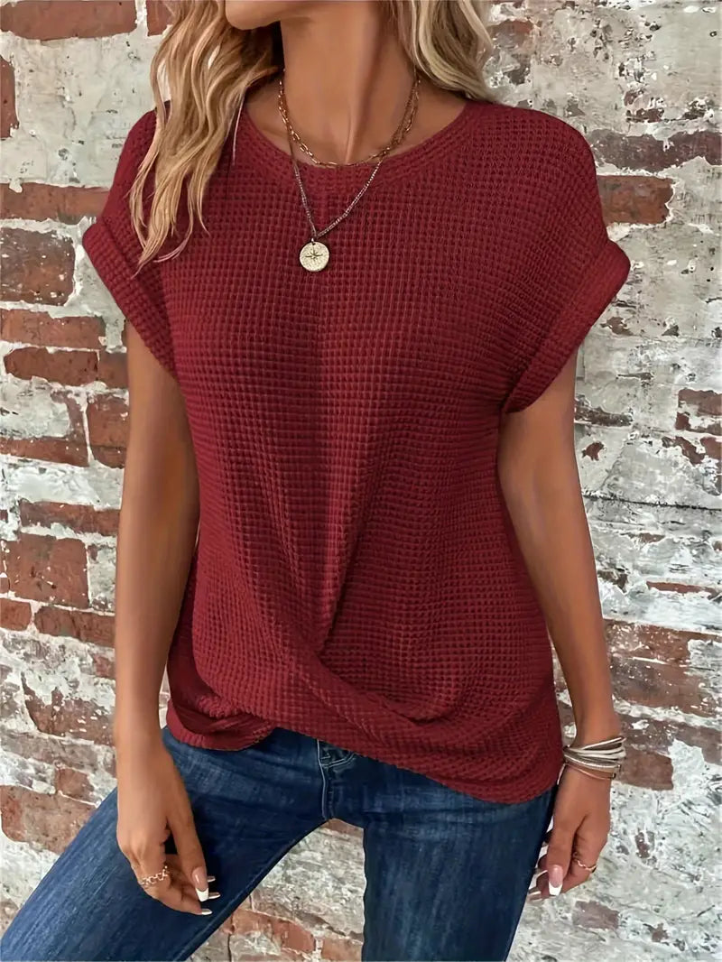 Top da donna in maglia con motivo waffle - vestibilità comoda e ampia, scollo rotondo e stile casual rilassato