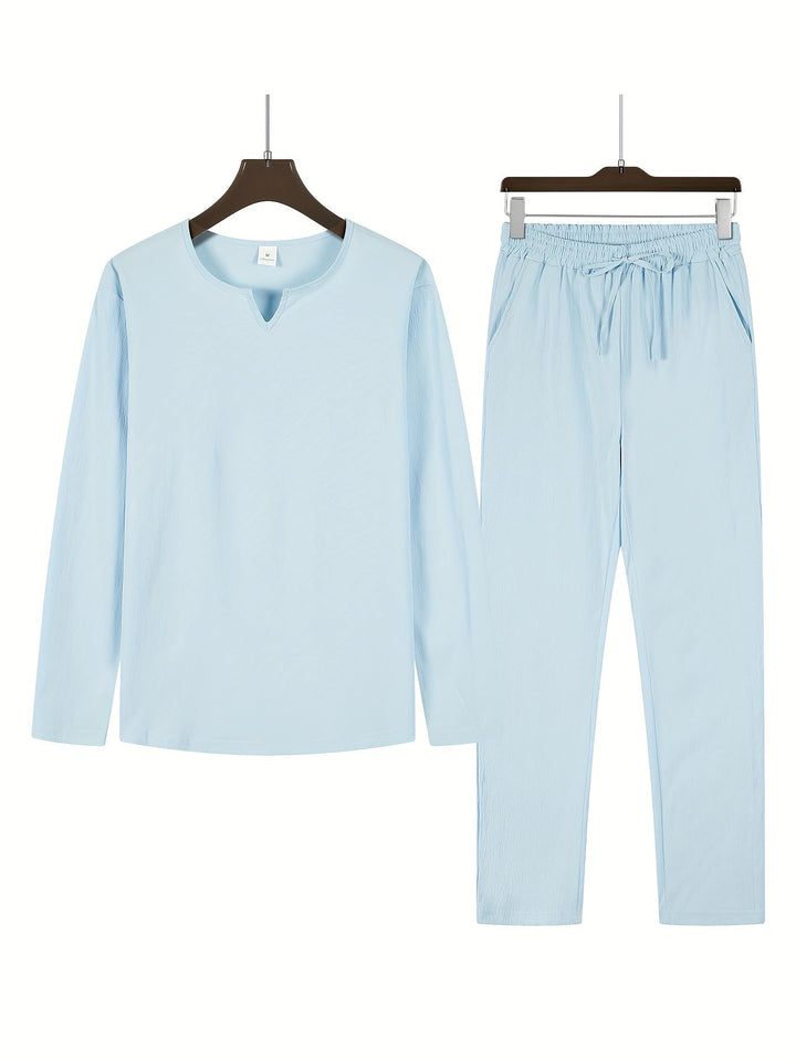 Elegante set da uomo con scollo a punta, polsini lunghi e comodi pantaloni larghi