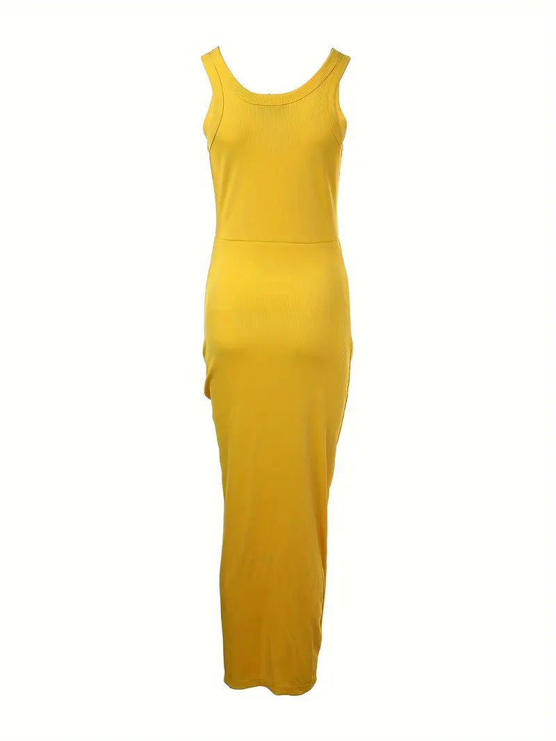 Elegante abito bodycon da donna senza maniche in raso con elegante scollatura e sorprendente spacco alto