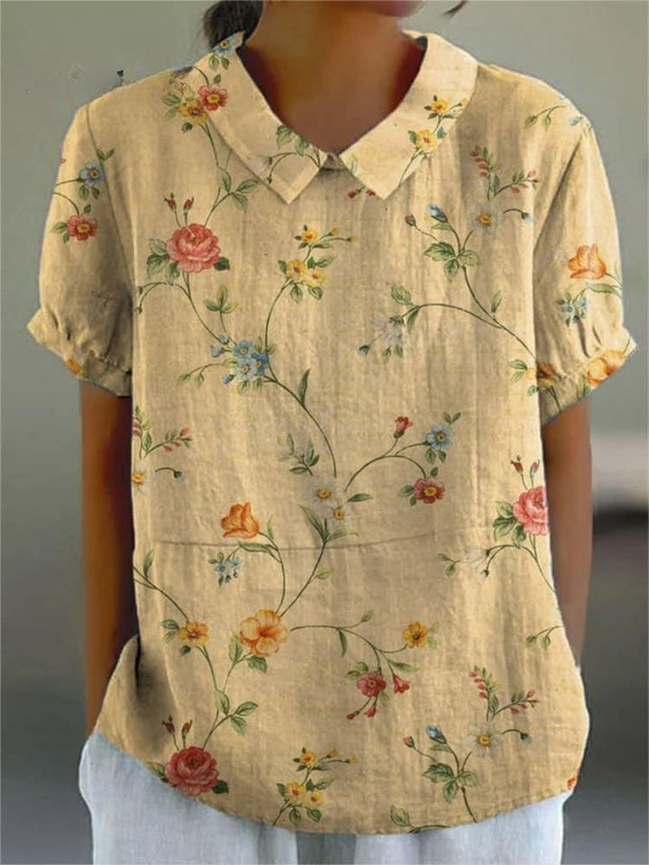 Elegante camicia in cotone retrò con disegno floreale per donna