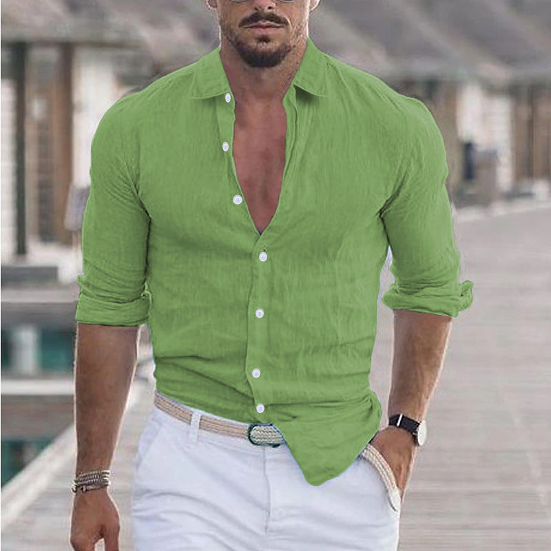 Gilet elegante da uomo in misto lino con lunghezza regolabile, maniche lunghe ed elegante collo a fascia, trasparente con delicati bottoni
